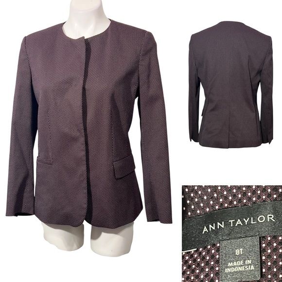 Ann Taylor Jackets & Blazers - Ann Taylor Blazer 8T Dark Purple beige polka dot long sleeve snap button‎ office